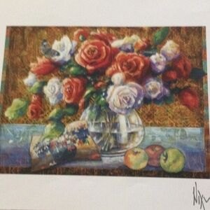 Floral Still Life Art Lithograph by Peter Nixon with Red and White Roses NWOT